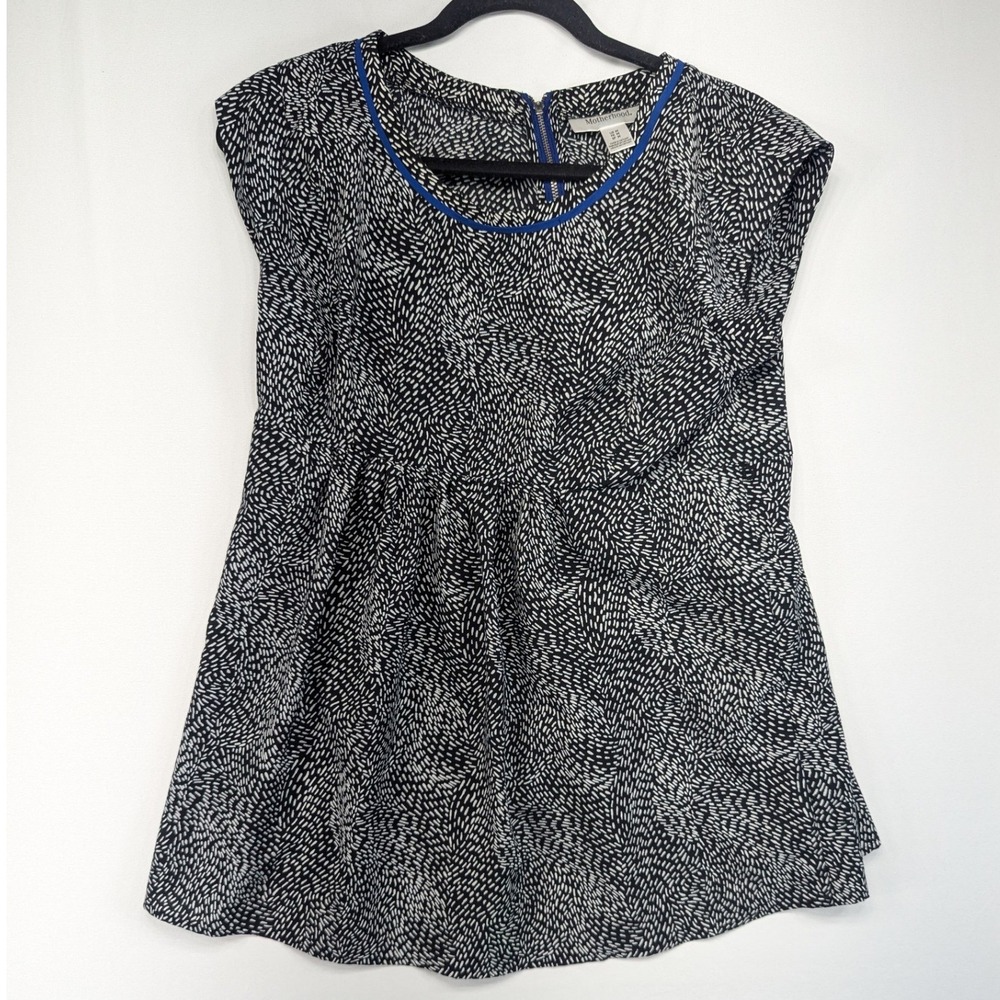 Motherhood Maternity Womens Medium Black White Dash Print Empire Waist Top Blue